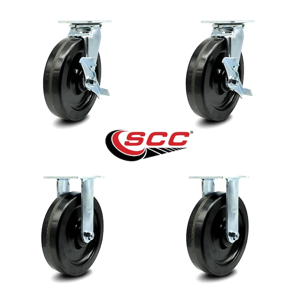 8 Inch Phenolic Caster Set With Roller Bearings 2 Brakes 2 Rigid